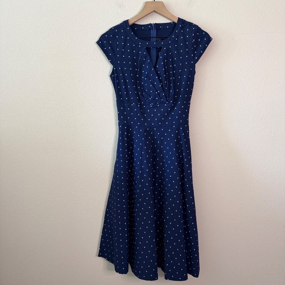 GOWNTOWN Womens Polka Dot Pockets Dress Size S Retro Rockabilly Pinup Navy
